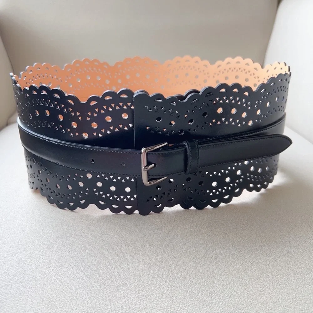 Alaïa Black Laser-Cut Scalloped Wide Leather Belt